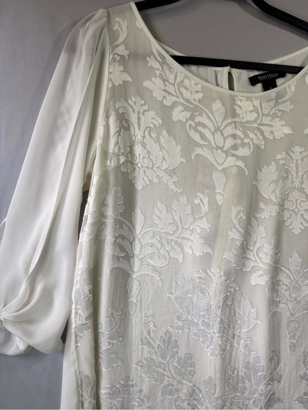 White Silk Blend Floral Open Sleeve Blouse by White House Black Market, Sz 12